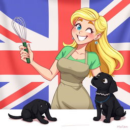 An animated blonde woman holding a whisk in one hand, looking whimsical and cheerful against a bold British flag background