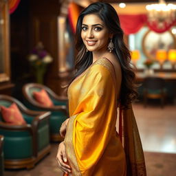 A beautiful, sexy woman wearing a stunning saree, showcasing vibrant colors and intricate patterns