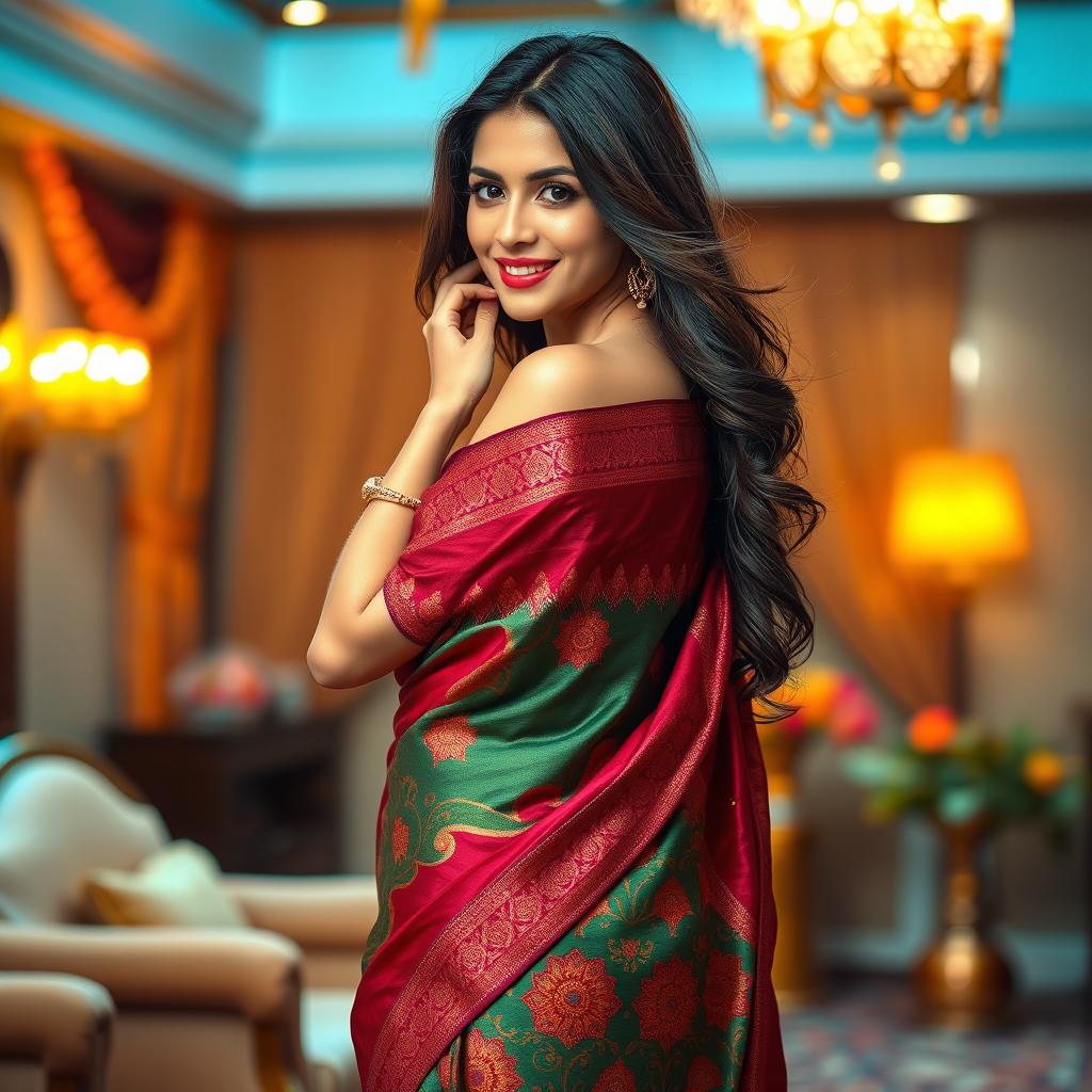 A beautiful, sexy woman wearing a stunning saree, showcasing vibrant colors and intricate patterns