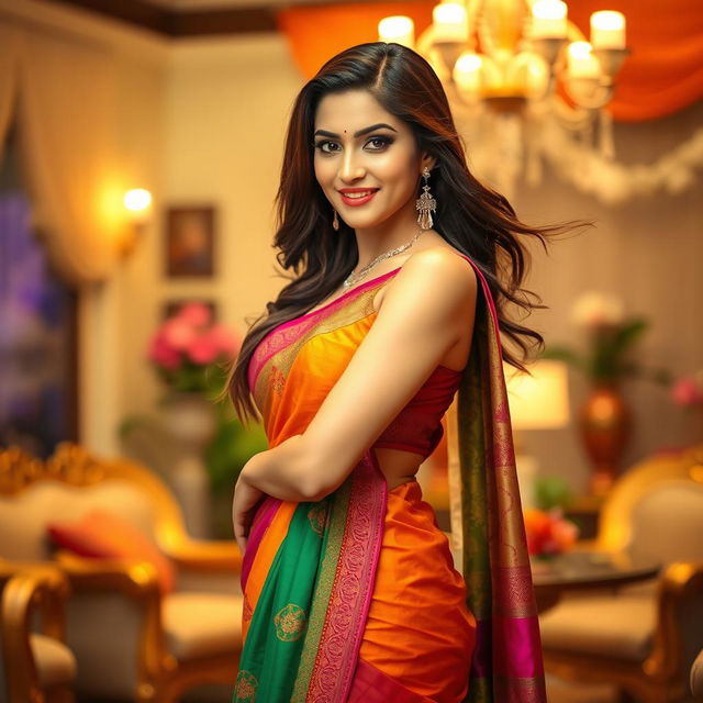 A beautiful, sexy woman wearing a stunning saree, showcasing vibrant colors and intricate patterns