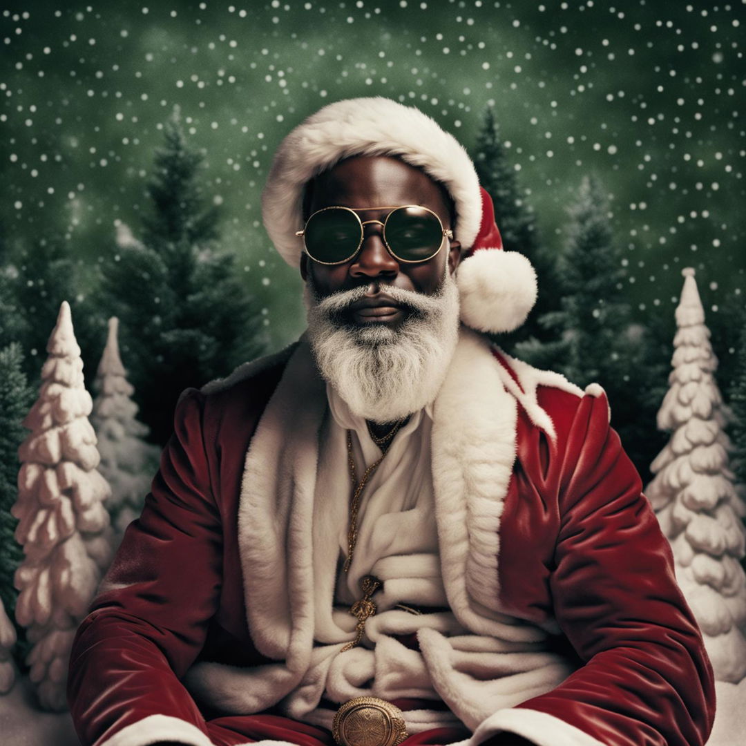 Vintage-style album cover featuring Rick Ross as Santa Claus in a snowy landscape, with retro lettering for the album title.