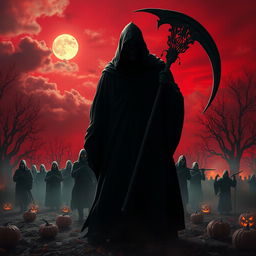 A menacing Death Reaper figure enveloped in dark, flowing robes stands at the forefront, silhouetted against a blood-red sky on Halloween night
