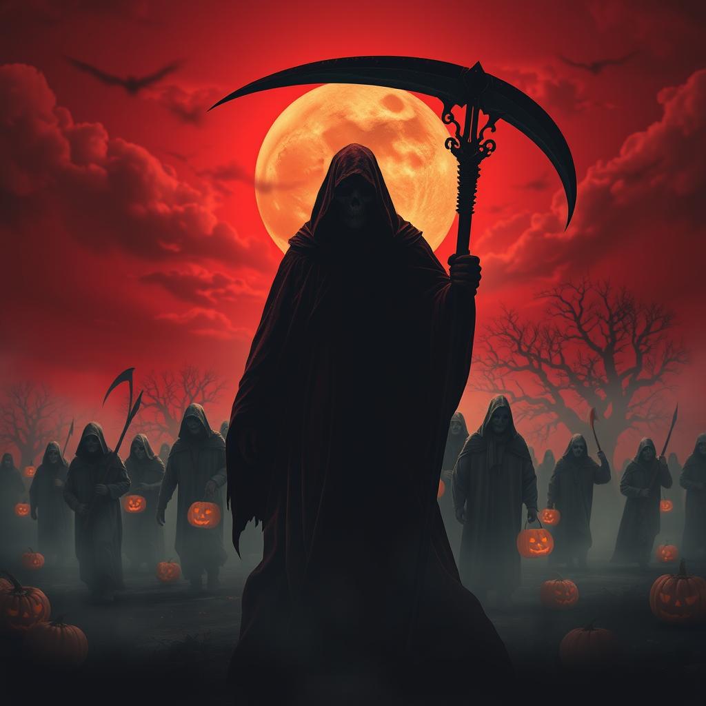 A menacing Death Reaper figure enveloped in dark, flowing robes stands at the forefront, silhouetted against a blood-red sky on Halloween night