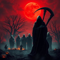 A menacing Death Reaper figure enveloped in dark, flowing robes stands at the forefront, silhouetted against a blood-red sky on Halloween night