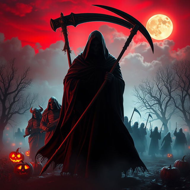 A menacing Death Reaper figure enveloped in dark, flowing robes stands at the forefront, silhouetted against a blood-red sky on Halloween night