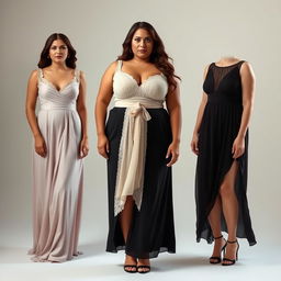 A low-height, curvy plus-size woman with a neutral expression, wearing a variety of elegant evening dresses