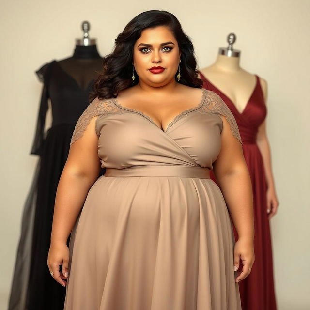 A low-height, curvy plus-size woman with a neutral expression, wearing a variety of elegant evening dresses