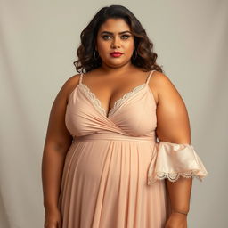 A low-height, curvy plus-size woman with a neutral expression, wearing a variety of elegant evening dresses