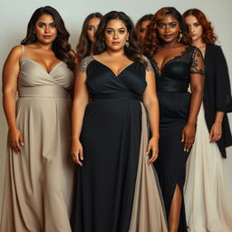 A low-height, curvy plus-size woman with a neutral expression, wearing a variety of elegant evening dresses