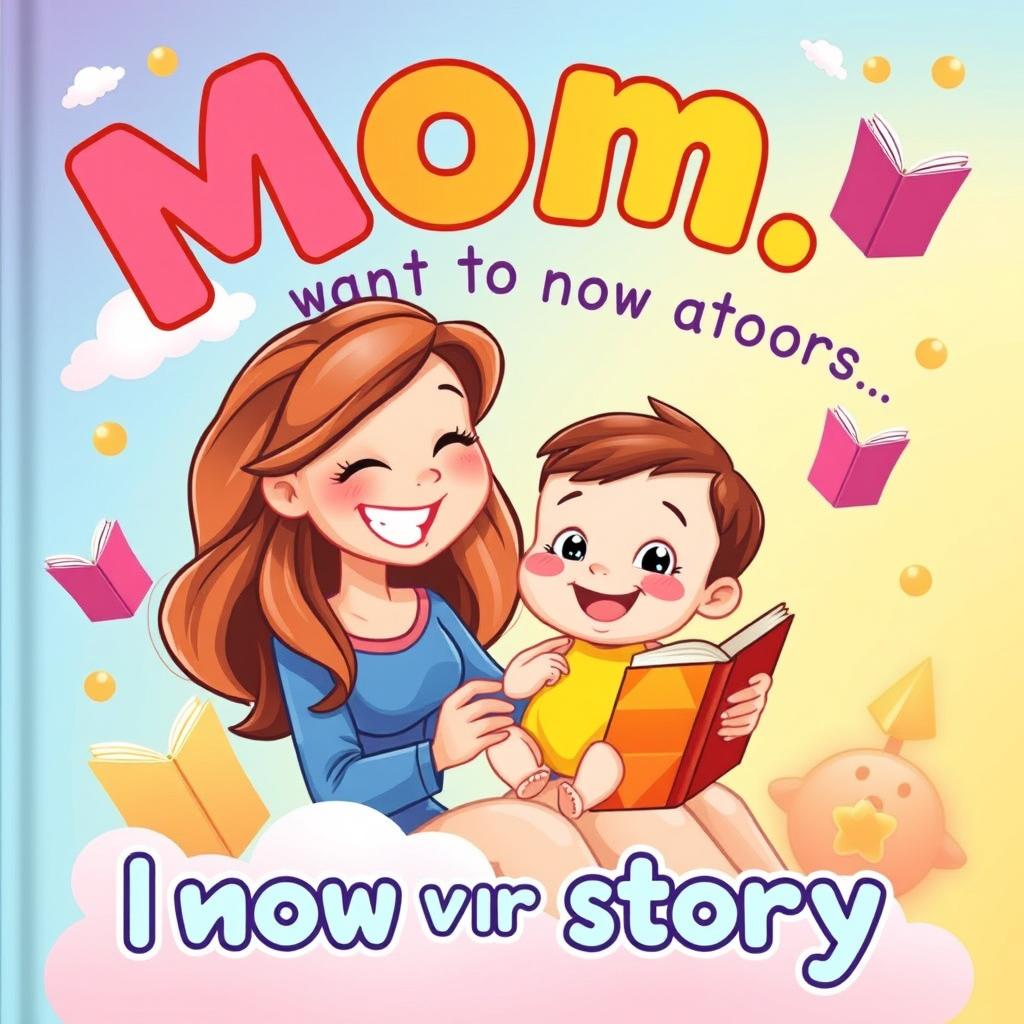 A vibrant and playful cover page for a book titled 'Mom, I want to know your story'