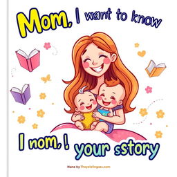 A vibrant and playful cover page for a book titled 'Mom, I want to know your story'