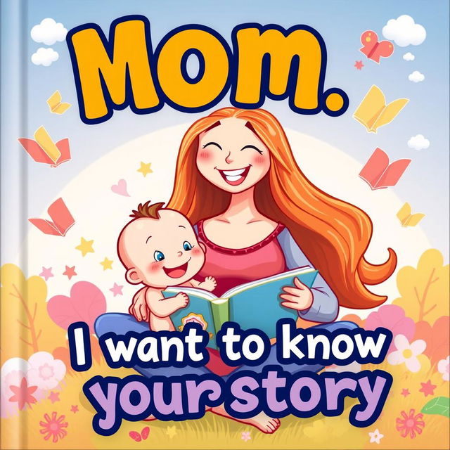 A vibrant and playful cover page for a book titled 'Mom, I want to know your story'