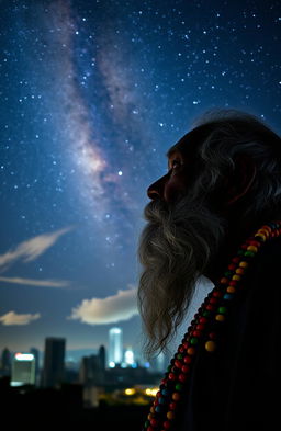 An elderly black man with gray hair and a long beard, wearing vibrant, colorful beads around his neck