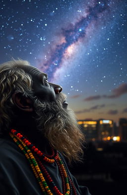 An elderly black man with gray hair and a long beard, wearing vibrant, colorful beads around his neck