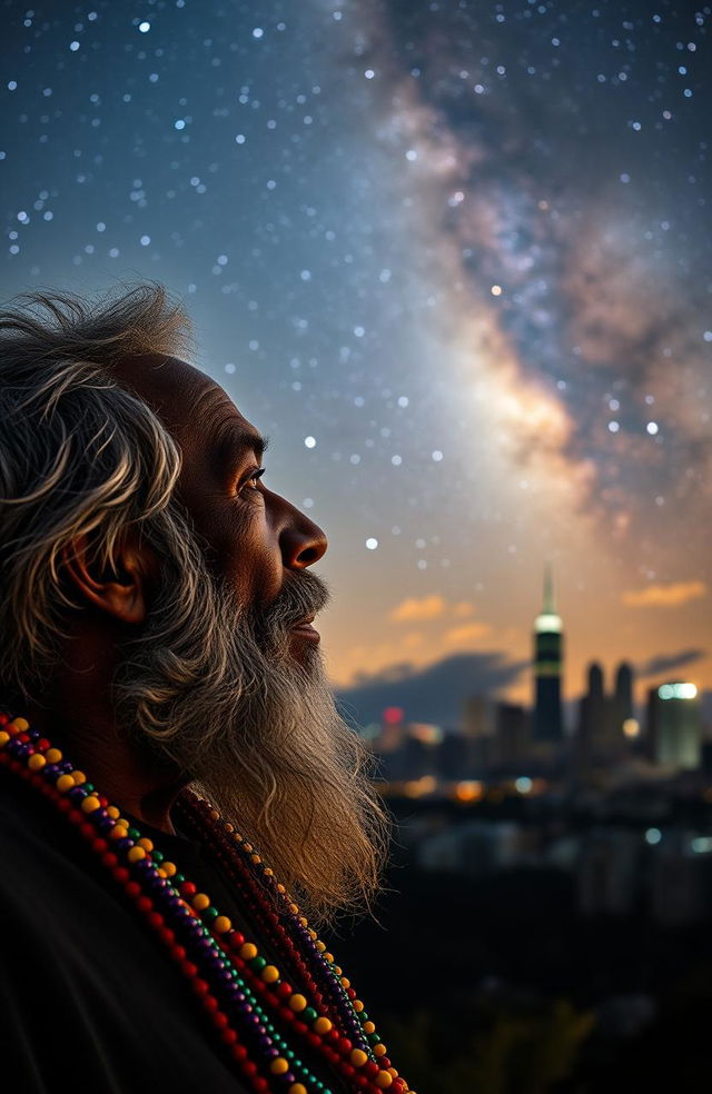 An elderly black man with gray hair and a long beard, wearing vibrant, colorful beads around his neck