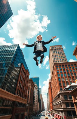 A dynamic scene capturing a young boy in a stylish butler suit, leaping effortlessly from one tall building to another