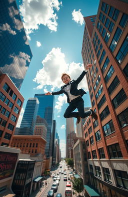 A dynamic scene capturing a young boy in a stylish butler suit, leaping effortlessly from one tall building to another