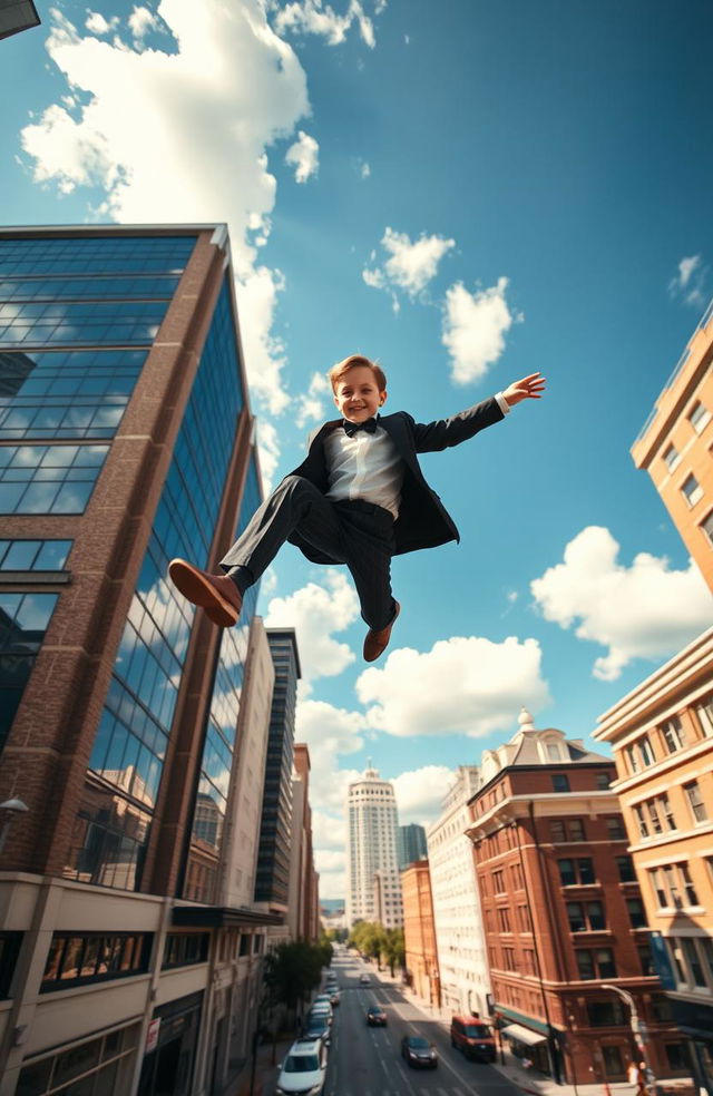 A dynamic scene capturing a young boy in a stylish butler suit, leaping effortlessly from one tall building to another