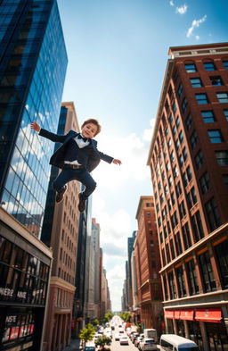 A dynamic scene capturing a young boy in a stylish butler suit, leaping effortlessly from one tall building to another