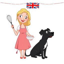 An animated blonde woman with a dreamy expression, holding a whisk in one hand and a mixing bowl in the other