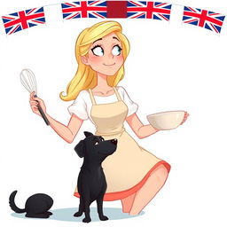 An animated blonde woman with a dreamy expression, holding a whisk in one hand and a mixing bowl in the other