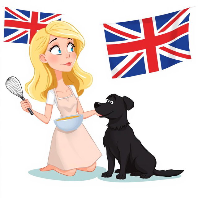 An animated blonde woman with a dreamy expression, holding a whisk in one hand and a mixing bowl in the other