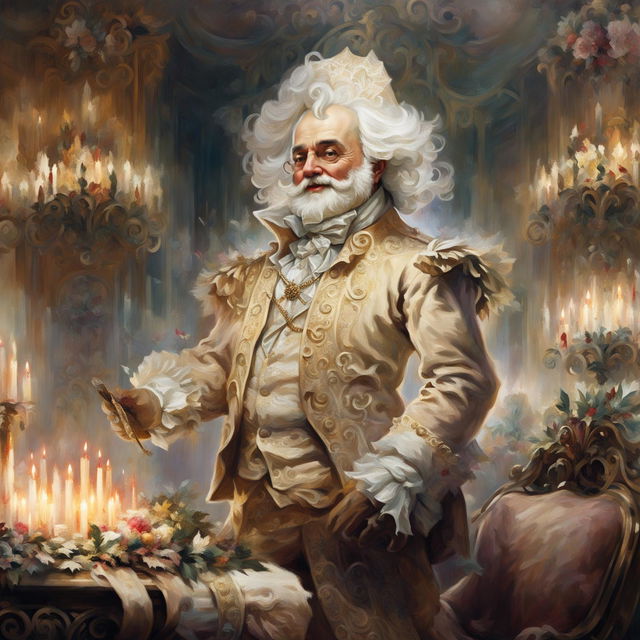 Oil painting of Santa Claus in Rococo style, dressed in gold and cream outfit with an ornate tricorn hat, in a grand salon decorated for Christmas.