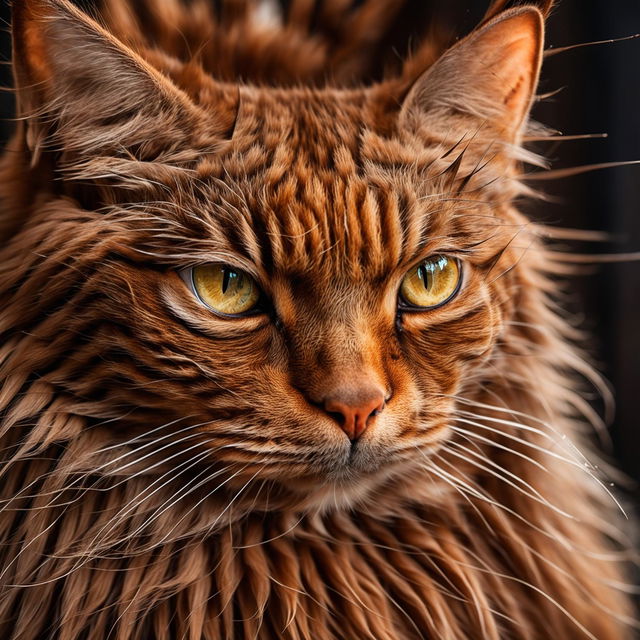 Extreme close-up of a ginger Maine Coon cat's face with tufted ears, green-gold eyes, and a lion-like mane.