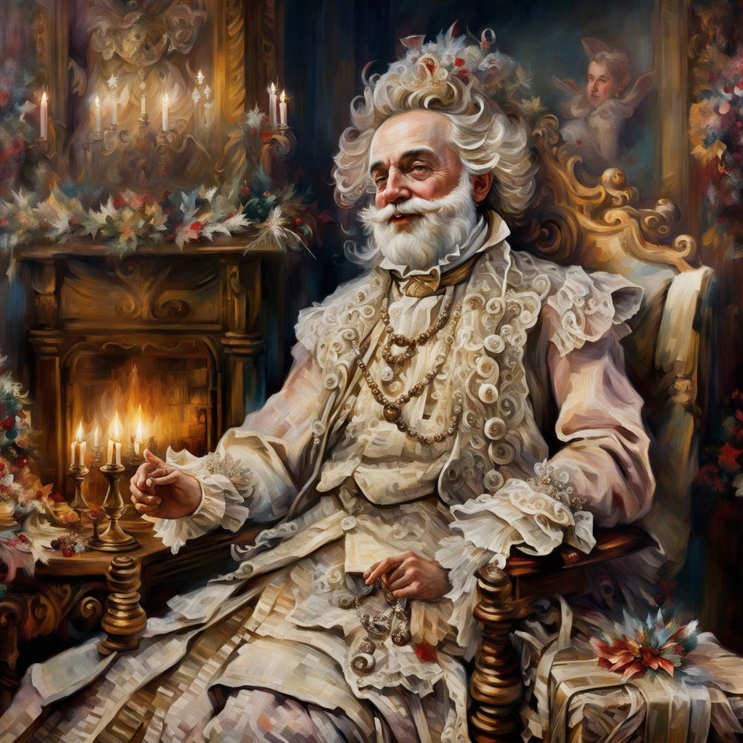 A Rococo-style oil painting of Santa Claus in an ornate suit seated in a lavish room with a grand fireplace and a decorated Christmas tree.