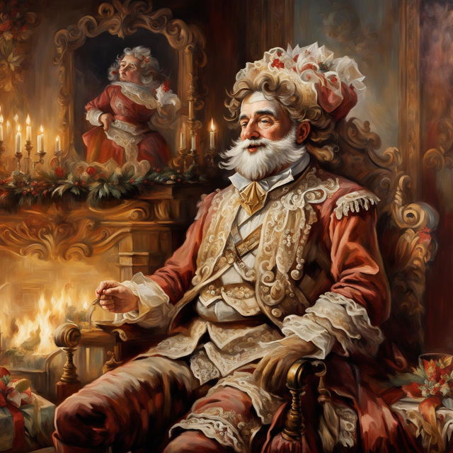 A Rococo-style oil painting of Santa Claus in his traditional red suit seated in a lavish room with a grand fireplace and a decorated Christmas tree.