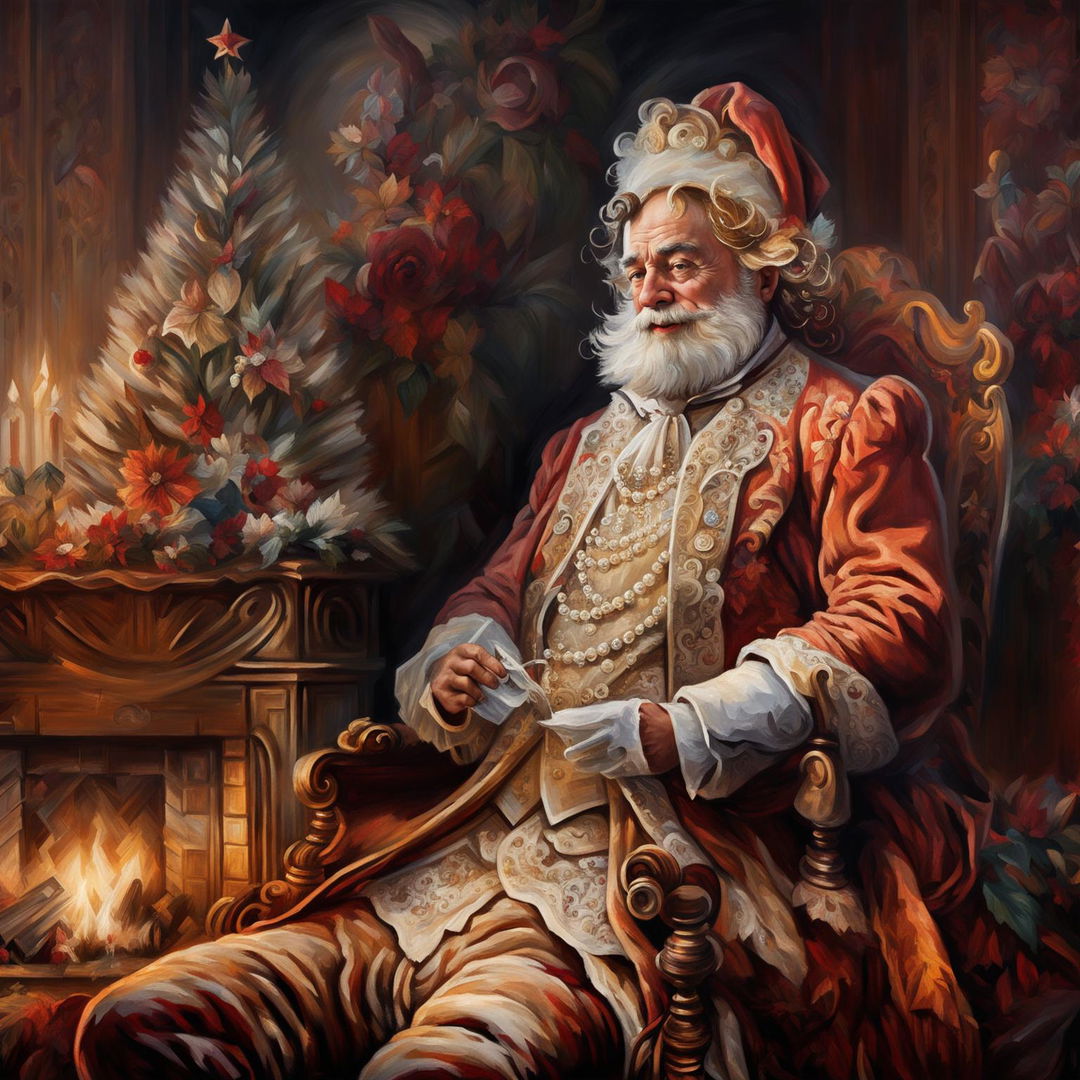 An ultra-high-definition Rococo-style oil painting of Santa Claus in his traditional red suit and hat seated in a lavish room with a grand fireplace and a decorated Christmas tree.