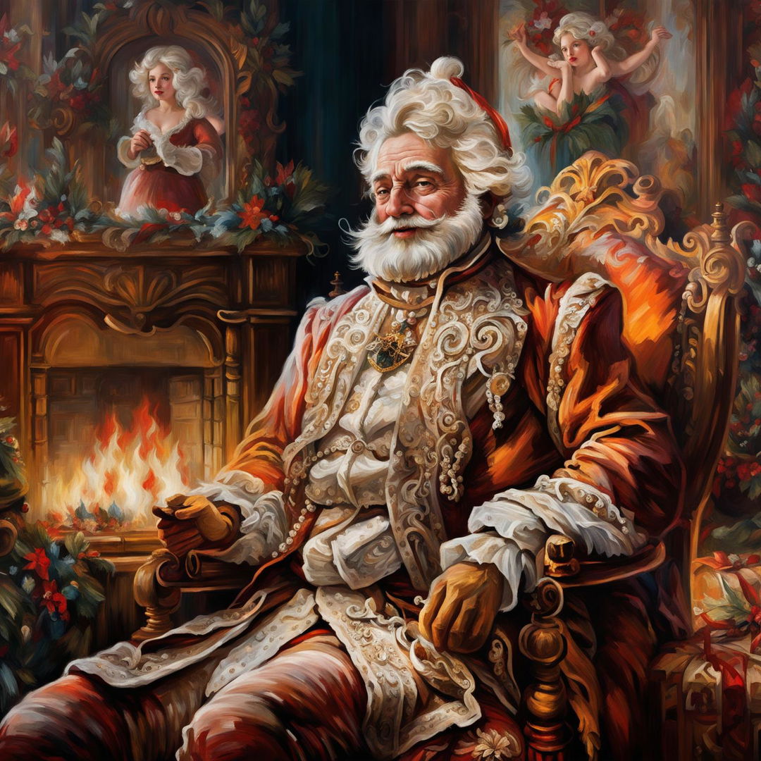 An ultra-high-definition Rococo-style oil painting of Santa Claus in his traditional red suit and hat seated in a lavish room with a grand fireplace and a decorated Christmas tree.