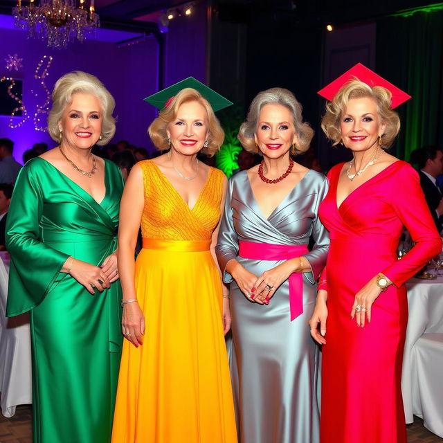 Elegantly designed evening dresses for a graduation party, featuring radiant colors and sophisticated long sleeves