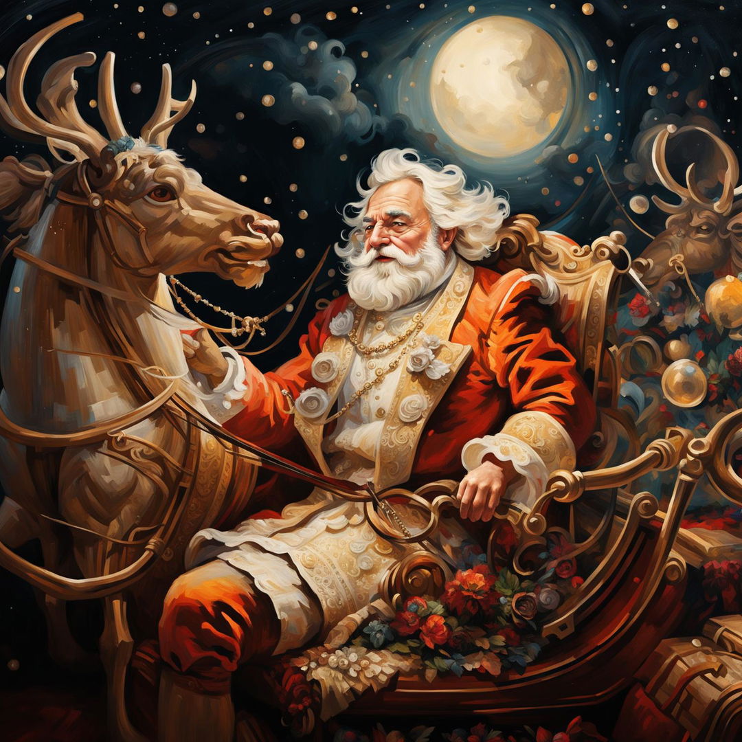 An ultra-high-definition Rococo-style oil painting of Santa Claus in his traditional red suit and hat driving his reindeer sleigh, captured in an intense shot with a Christmas vibe.