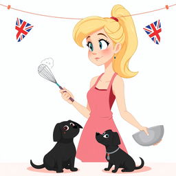 An animated blonde woman with her hair styled in a high ponytail, holding a whisk in one hand and a mixing bowl in the other