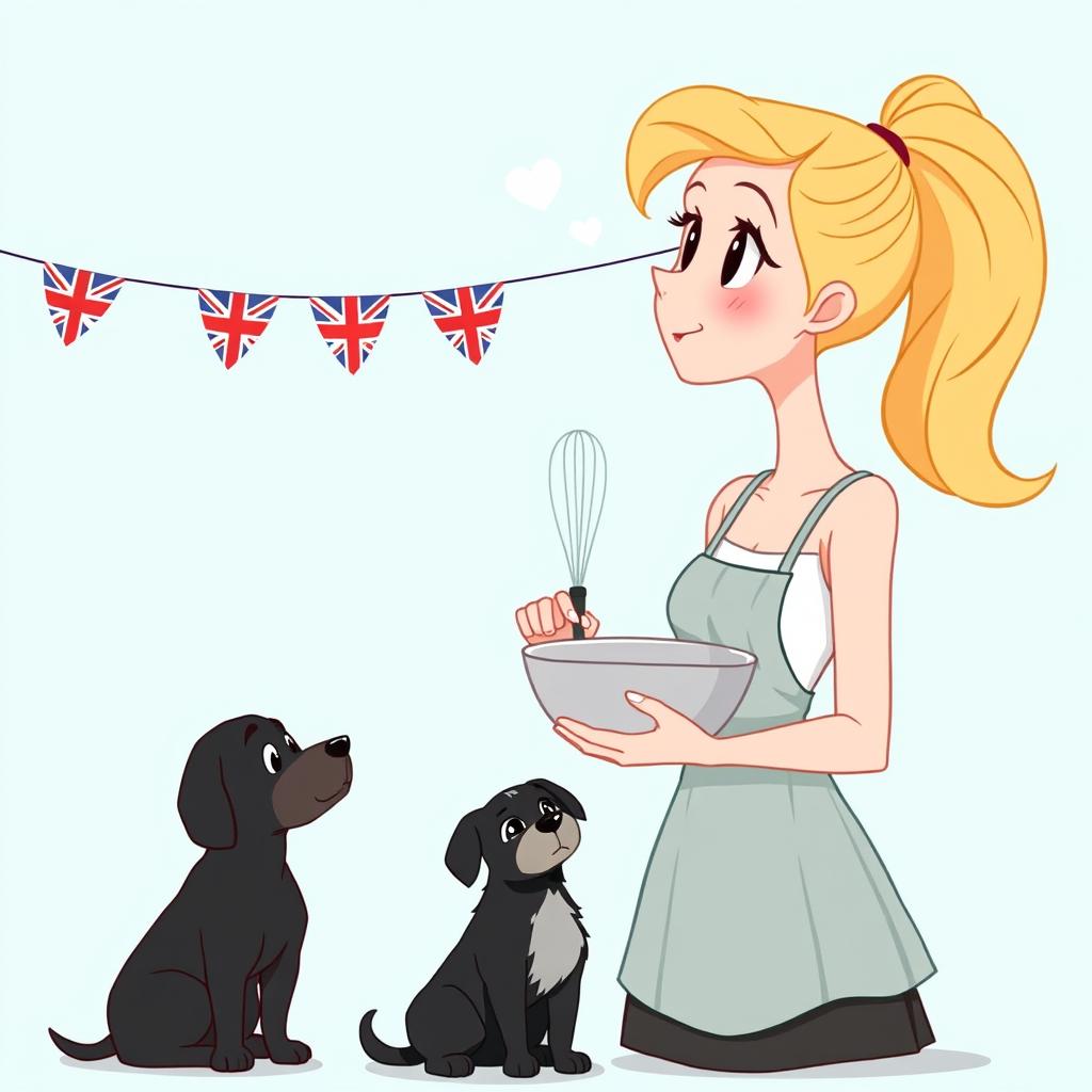 An animated blonde woman with her hair styled in a high ponytail, holding a whisk in one hand and a mixing bowl in the other