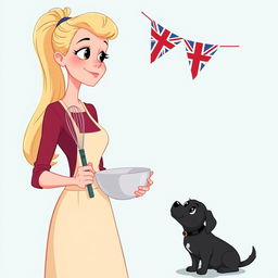 An animated blonde woman with her hair styled in a high ponytail, holding a whisk in one hand and a mixing bowl in the other