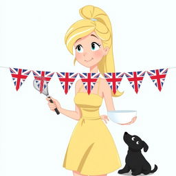 An animated blonde woman with her hair styled in a high ponytail, holding a whisk in one hand and a mixing bowl in the other