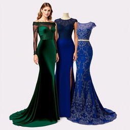 Elegant evening gowns for a graduation party, showcasing radiant designs, adorned with intricate details and flowing silhouettes