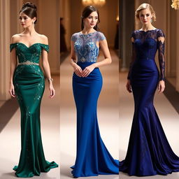 Elegant evening gowns for a graduation party, showcasing radiant designs, adorned with intricate details and flowing silhouettes