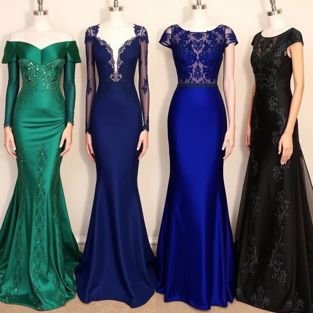 Elegant evening gowns for a graduation party, showcasing radiant designs, adorned with intricate details and flowing silhouettes