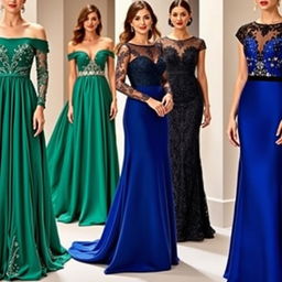 Elegant evening gowns for a graduation party, showcasing radiant designs, adorned with intricate details and flowing silhouettes