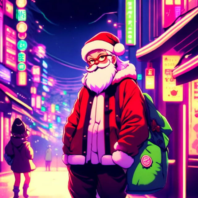 Anime profile picture of a neon Tokyo Santa Claus in a lofi setting.