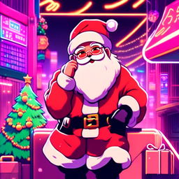 Anime profile picture of a neon Tokyo Santa Claus in a lofi setting.