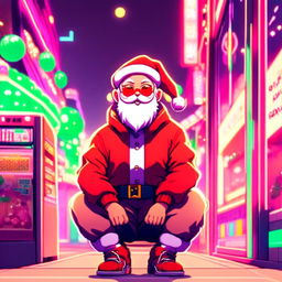 Anime profile picture of a neon Tokyo Santa Claus in a lofi setting.