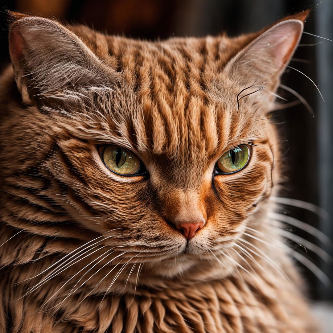 Close-up shot of a ginger British Shorthair cat's face with green eyes, pink nose, and white whiskers, taken with a 120mm lens.