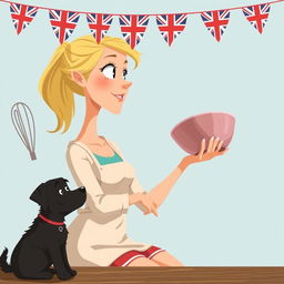 An animated blonde woman with her hair styled in a high ponytail, holding a whisk in one hand and a mixing bowl in the other