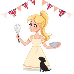 An animated blonde woman with her hair styled in a high ponytail, holding a whisk in one hand and a mixing bowl in the other