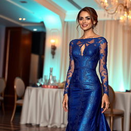 A dazzling evening gown for a graduation party, designed for a 37-year-old woman