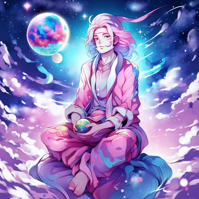 Anime art of a cosmic Santa Claus in pastel colors meditating on a cloud under a serene night sky filled with nebulae and stars.